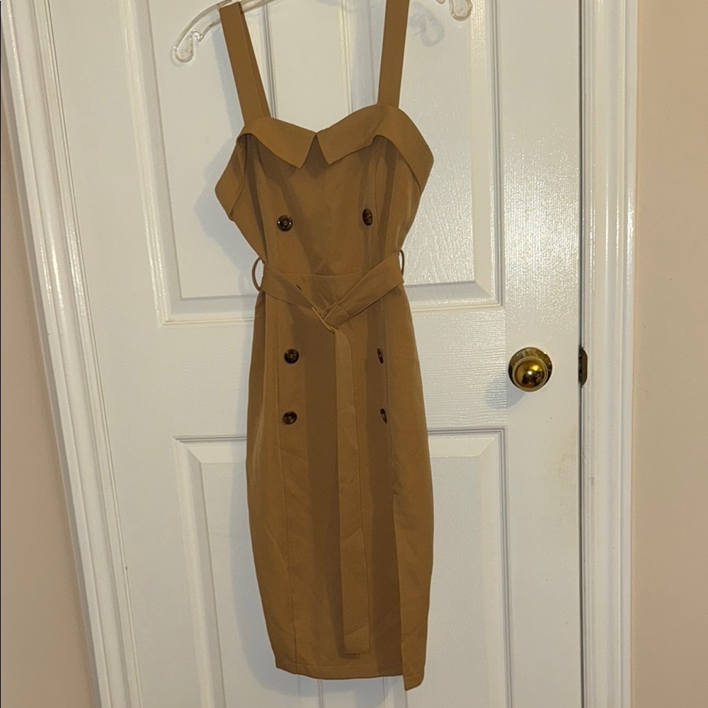 Khaki trench coat style Dress with Sweetheart Neckline
